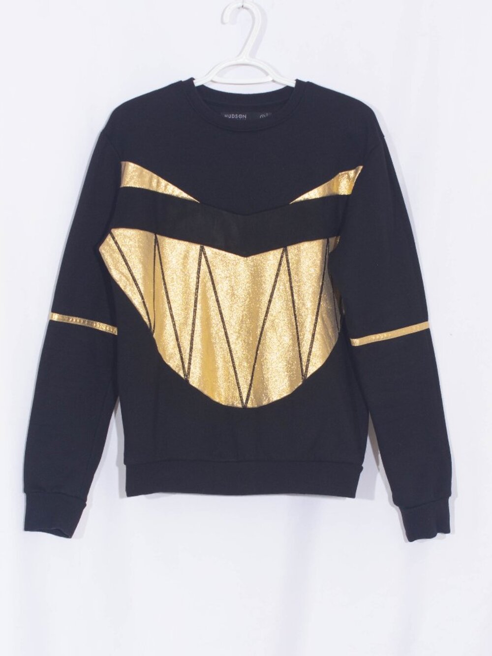 HUDSON COLLECTION Black Crewneck Sweater with Gold and Velvet Design Size S